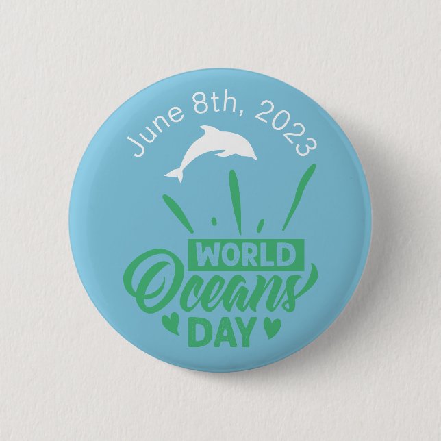 World Oceans Day Dolphin Typography Custom Text Button (Front)