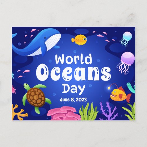 World Oceans Day June 8 2023 Turtle Fish Jellyfish Postcard