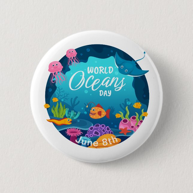 World Oceans Day Underwater Fish Scene Custom Text Button (Front)