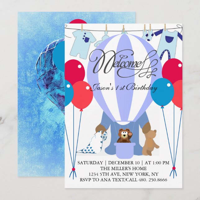 World of Blue Balloons First Birthday Invitation (Front/Back)