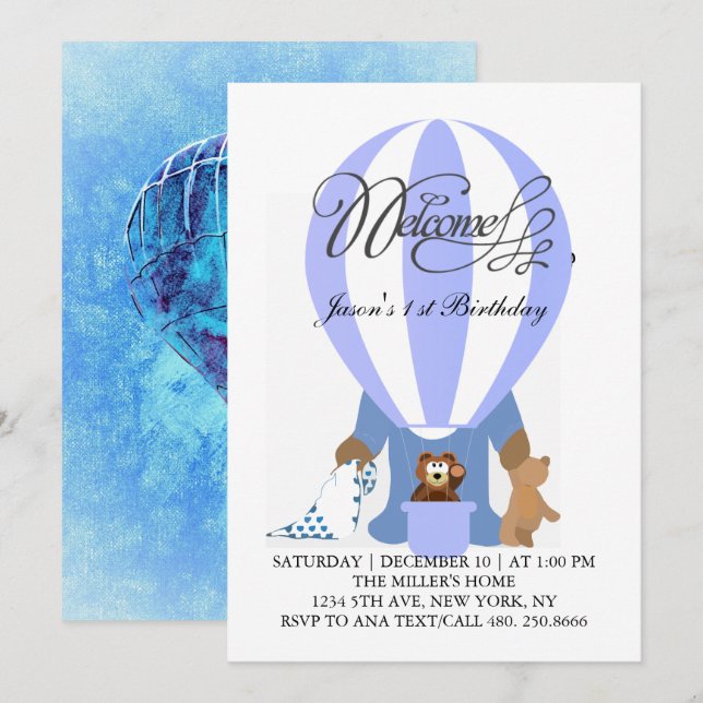 World of Blue Balloons First Birthday Invitation (Front/Back)