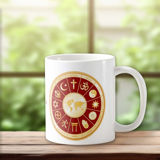World of Faith Coffee Mug (Customize with your text.  Gold symbols of international religions surround a world map.)