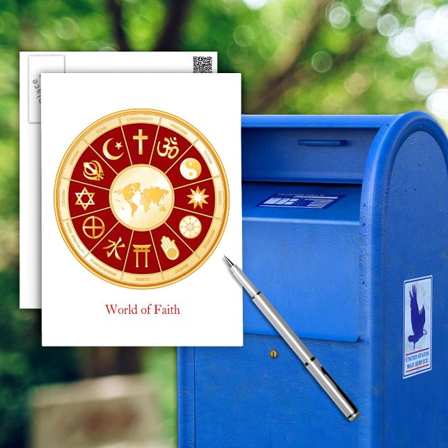 World of Faith Postcard (World of Faith Postcard.
Gold symbols of international religions surround a world map. )