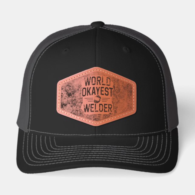 World Okayest Welder funny welding Leather Patch Hat (Front)