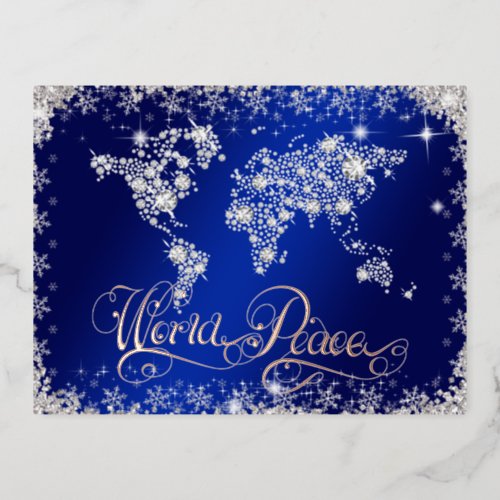 World Peace Blue and Diamonds  Foil Holiday Postcard