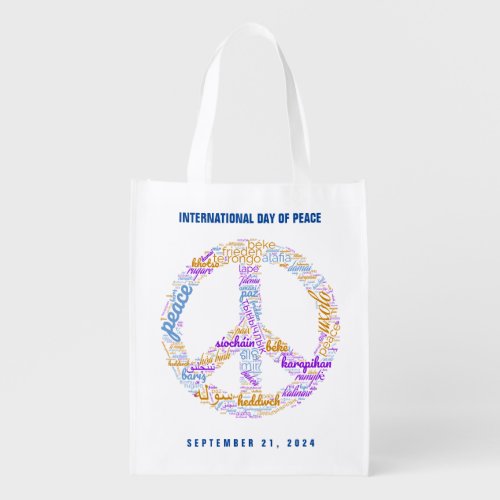 World Peace Day Peace Sign Word Cloud Grocery Bag