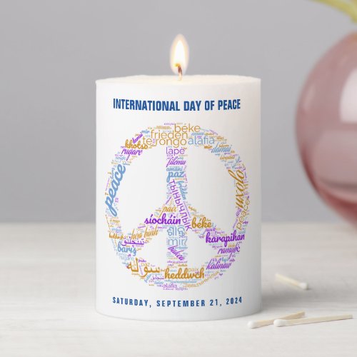 World Peace Day Peace Sign Word Cloud Pillar Candle