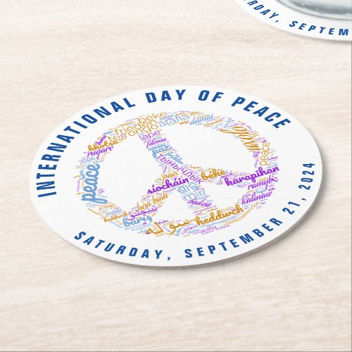 World Peace Day Peace Sign Word Cloud Round Paper Coaster