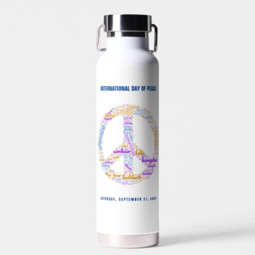 World Peace Day Peace Sign Word Cloud Water Bottle