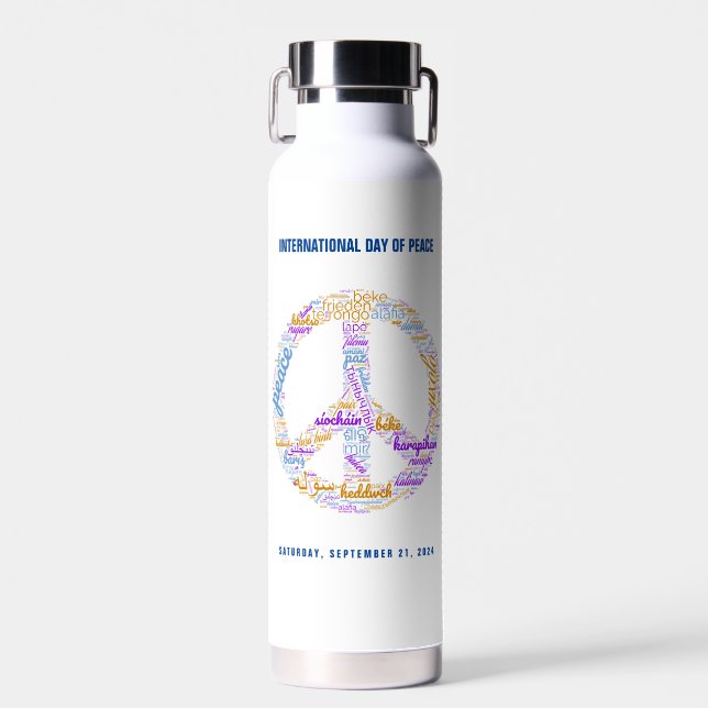 World Peace Day Peace Sign Word Cloud Water Bottle (Front)