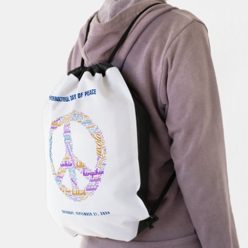 World Peace Day Peace Sign Word Cloud Water Bottle Drawstring Bag