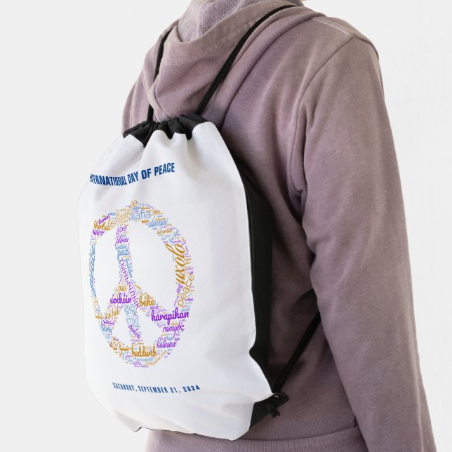 World Peace Day Peace Sign Word Cloud Water Bottle Drawstring Bag (Insitu)