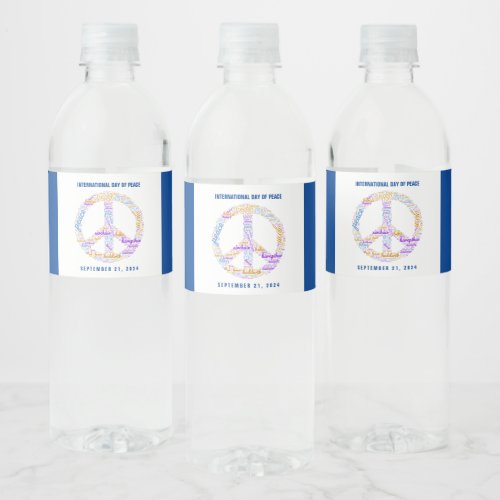 World Peace Day Peace Sign Word Cloud Water Bottle Label
