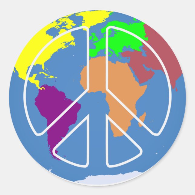 World Peace with map and peace symbol Classic Round Sticker (Front)