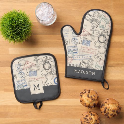 World Postage Stamps Pattern Oven Mitt  Pot Holder Set