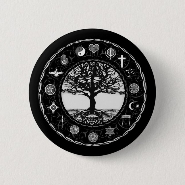 World Religions Black and White Tree Pinback Button (Front)