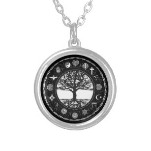 World Religions Black and White Tree Silver Plated Necklace