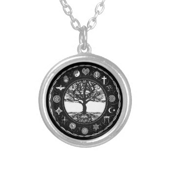 World Religions Black And White Tree Silver Plated Necklace by thetreeoflife at Zazzle