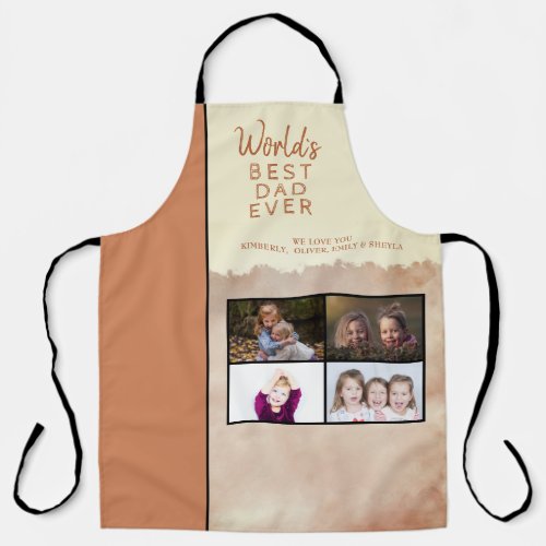 World`s Best Dad Script Watercolor Photo Collage  Apron - World`s Best Dad Script Watercolor 4 Photo Collage Apron. 4 photos template apron on blush orange watercolor background. Personalize it with four photos and your names. The text is trendy typography. You can change any text on the apron or erase it. Great gift for a dad on Father`s Day, birthday or Christmas.