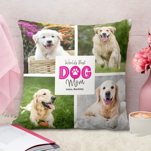 World’s Best Dog Mom 4 Photo Pink on White Custom Throw Pillow (Creator Uploaded)