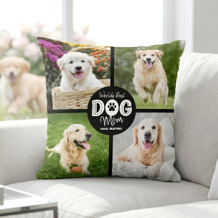 World’s Best Dog Mom Custom 4 Photo Black White Throw Pillow