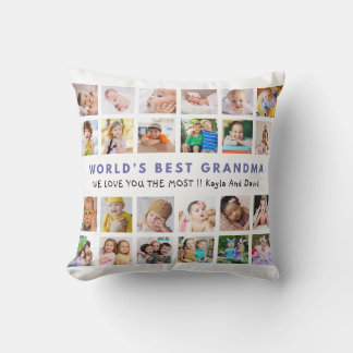 World’s Best Grandma Grandkids 24 Photo Purple  Throw Pillow