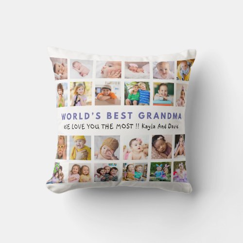 World’s Best Grandma Grandkids 24 Photo Purple Throw Pillow