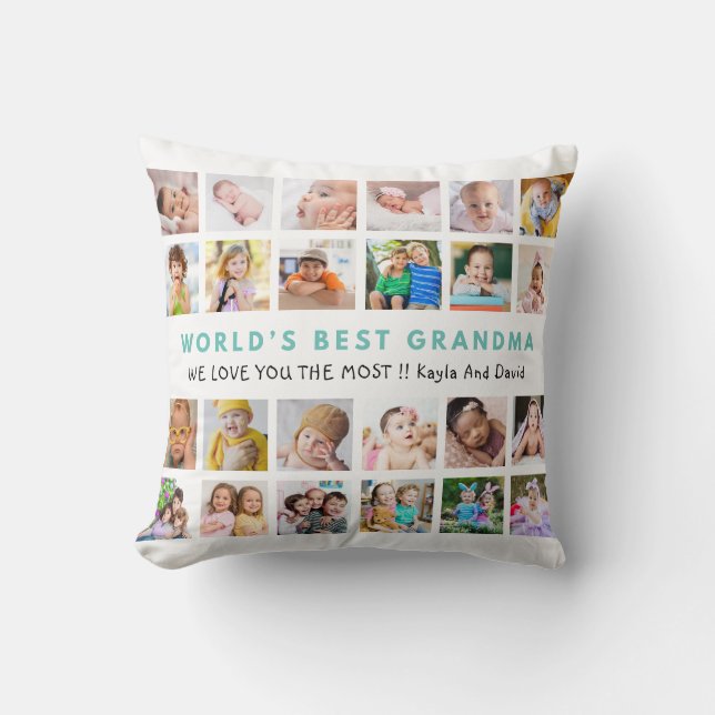 World’s Best Grandma Grandkids 24 Photo Teal Throw Pillow (Front)