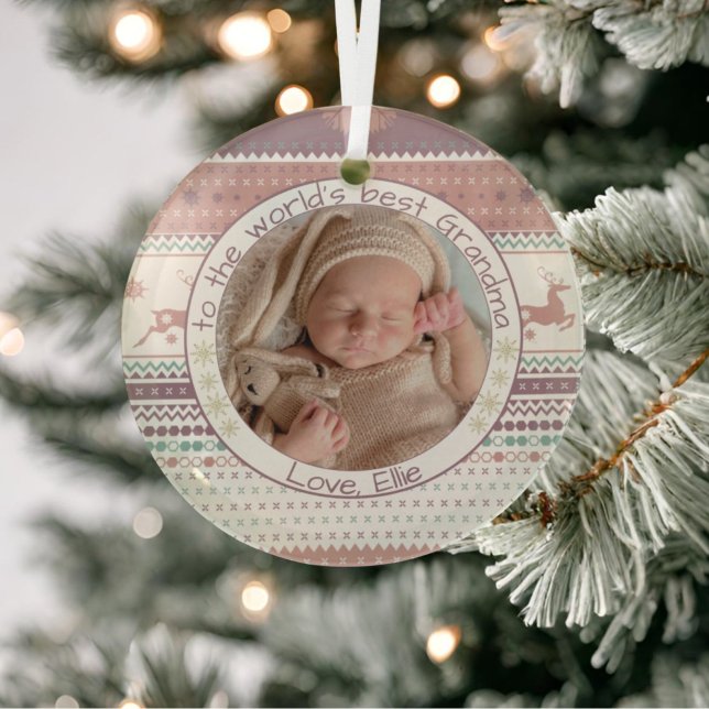 World’s Best Grandma Nordic Reindeer Baby Photo Glass Ornament (Creator Uploaded)