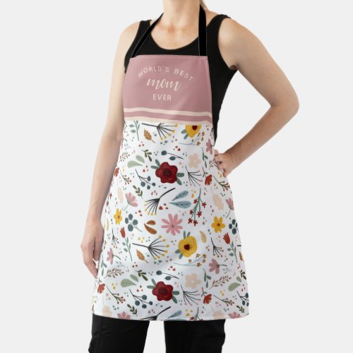 Worlds Best Mom Floral Calligraphy  Apron