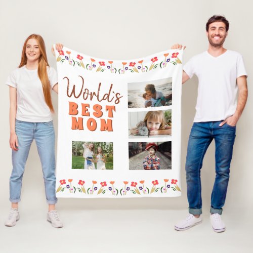 World`s Best Mom Flowers Floral Mother`s Day Photo Fleece Blanket - Cute Floral World`s Best Mom Flowers Floral 4 Photo Fleece Blanket. Hand-drawn flowers in beautiful spring colors. Gift for a mother for Mother`s Day, a birthday or Christmas. Add your photos and make a sweet personalized photo blanket for mom.