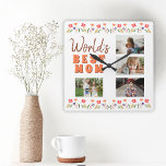 World`s Best Mom Flowers Floral Mother`s Day Photo Square Wall Clock<br><div class="desc">Cute Floral World`s Best Mom Flowers Floral 4 Photo Wall Clock. Hand-drawn flowers in beautiful spring colors. Gift for a mother for Mother`s Day,  a birthday or Christmas. Add your photos and make a sweet personalized wall clock for mom.</div>