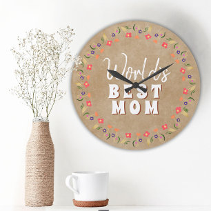World`s Best Mom Flowers Floral Rustic Beige Large Clock