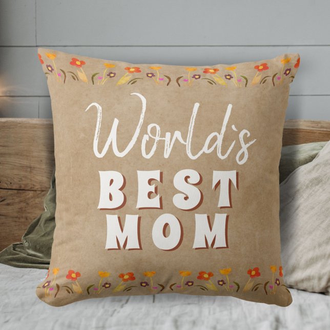 World`s Best Mom Flowers Floral Rustic Beige  Throw Pillow (Creator Uploaded)