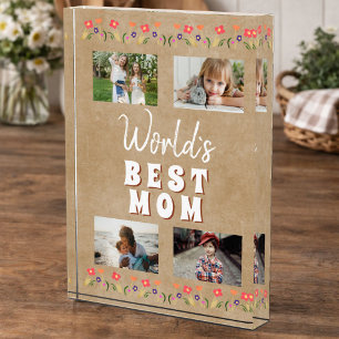 World`s Best Mom Flowers Floral Rustic Photo Block