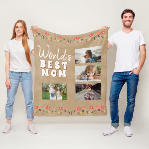 World`s Best Mom Flowers Floral Rustic Photo Fleece Blanket