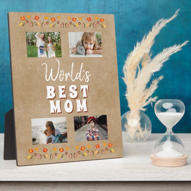 World`s Best Mom Flowers Floral Rustic Photo Plaque (Side)