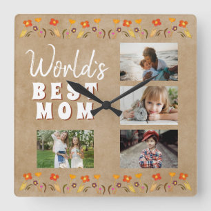 World`s Best Mom Flowers Floral Rustic Photo Square Wall Clock