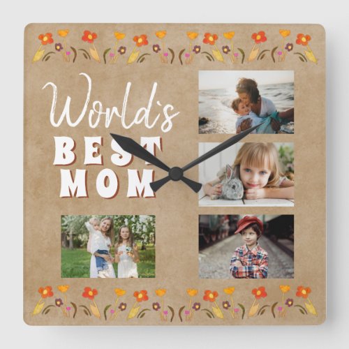 Worlds Best Mom Flowers Floral Rustic Photo Square Wall Clock