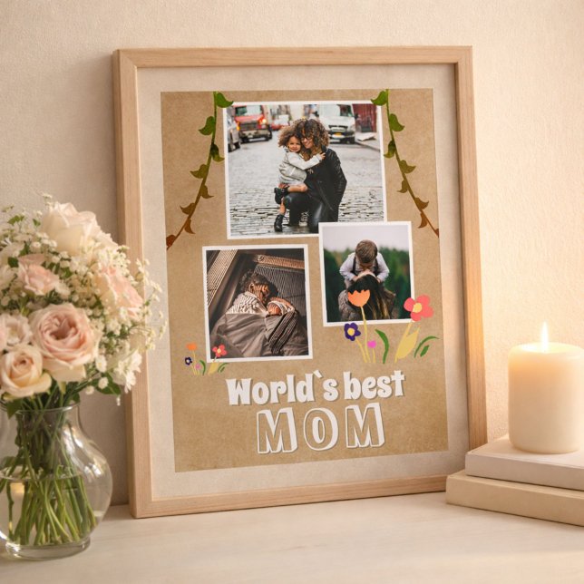 World`s Best Mom Flowers Old Paper 3 Photo Poster (Creator Uploaded)