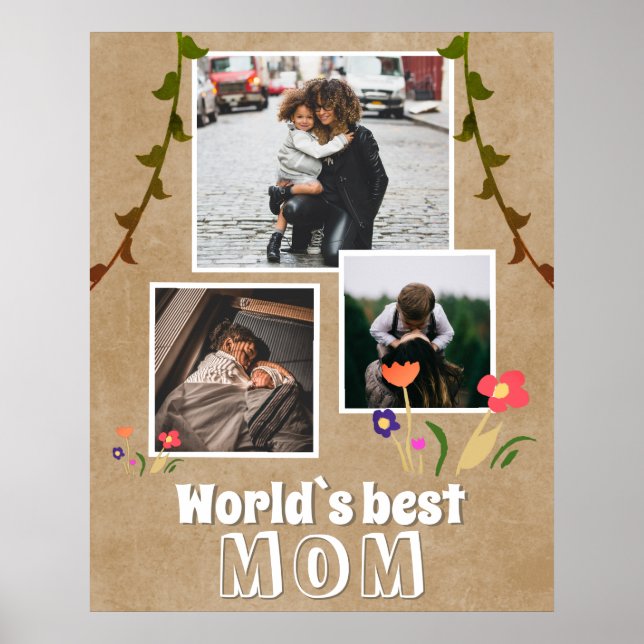 World`s Best Mom Flowers Old Paper 3 Photo Poster (Front)