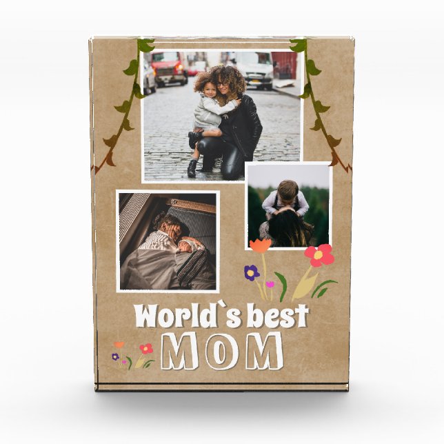 World`s Best Mom Flowers Old Paper Photo Block (Front)