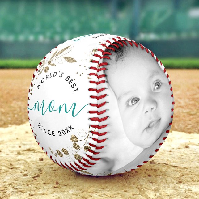 World’s Best Mom Gold Botanical Script 2 Photo Baseball (Creator Uploaded)