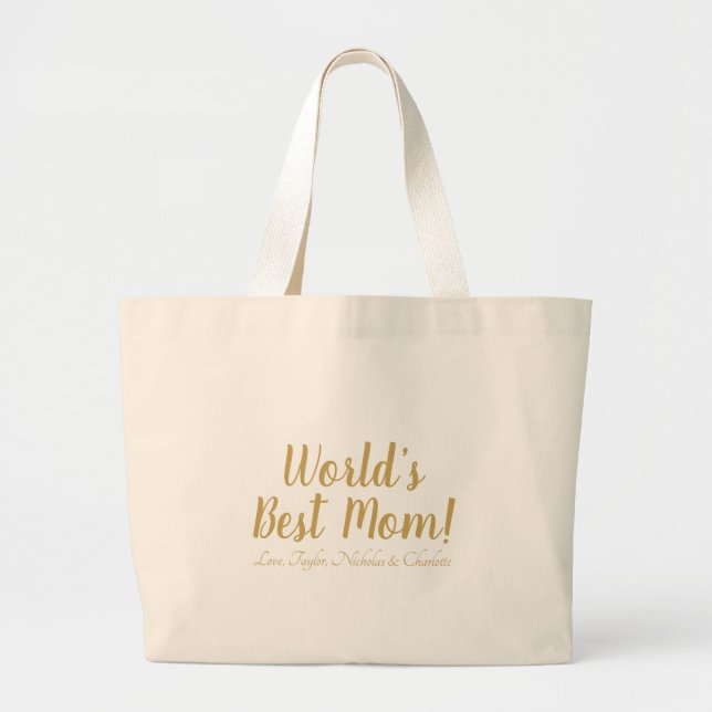 World’s Best Mom gold custom script cute Large Tote Bag (Front)