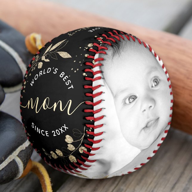 World’s Best Mom Gold Glitter Script 2 Photo Black Baseball (Creator Uploaded)