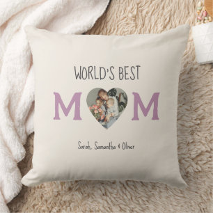 World’s Best Mom – Heart Photo & Custom Text Throw Pillow