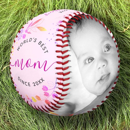 Worlds Best Mom Pink Glitter Leaves Script Photo Baseball