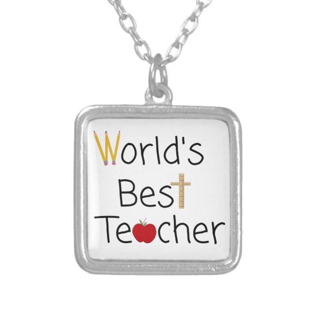 World’s Best Teacher Cool School Supplies Silver Plated Necklace (Front)