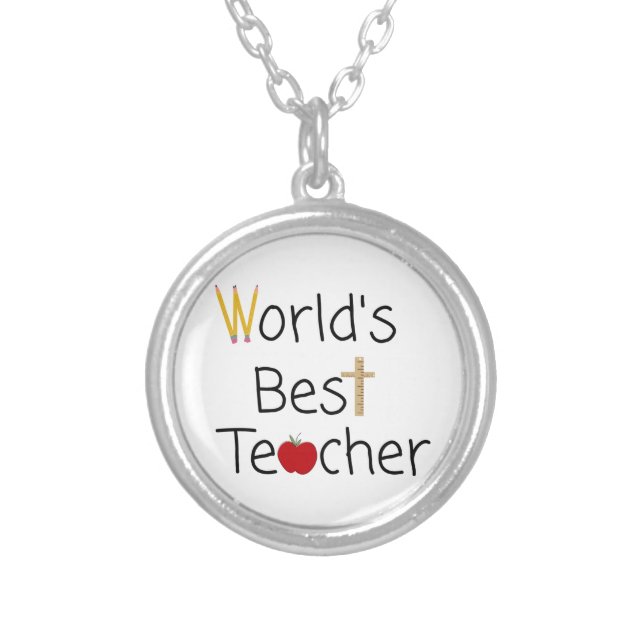 World’s Best Teacher Cool School Supplies Silver Plated Necklace (Front)