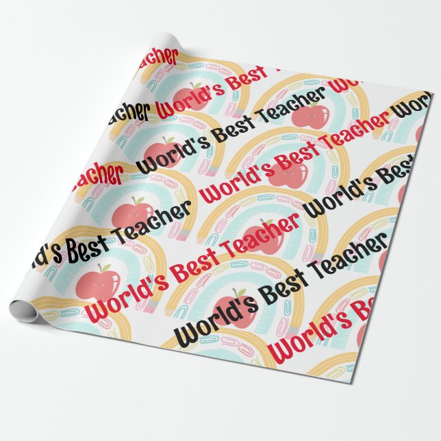 World’s Best Teacher Rainbow Apple Design Wrapping Paper (Unrolled)